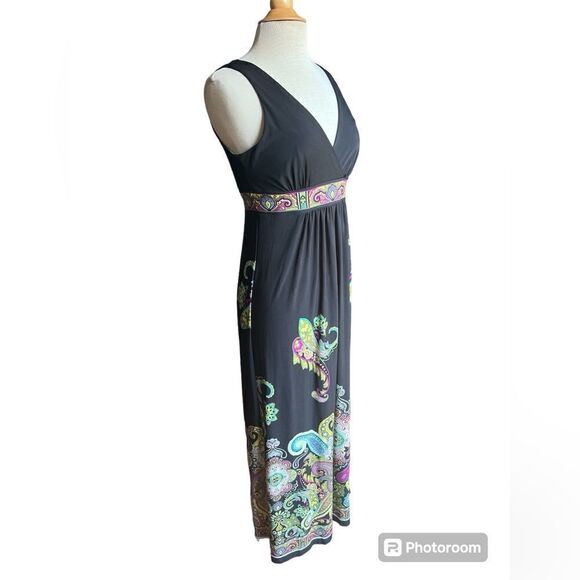 Sandra Darren 6 Black Colorful Paisley Surplice Neckline Sleeveless Maxi Dress - Picture 4 of 7